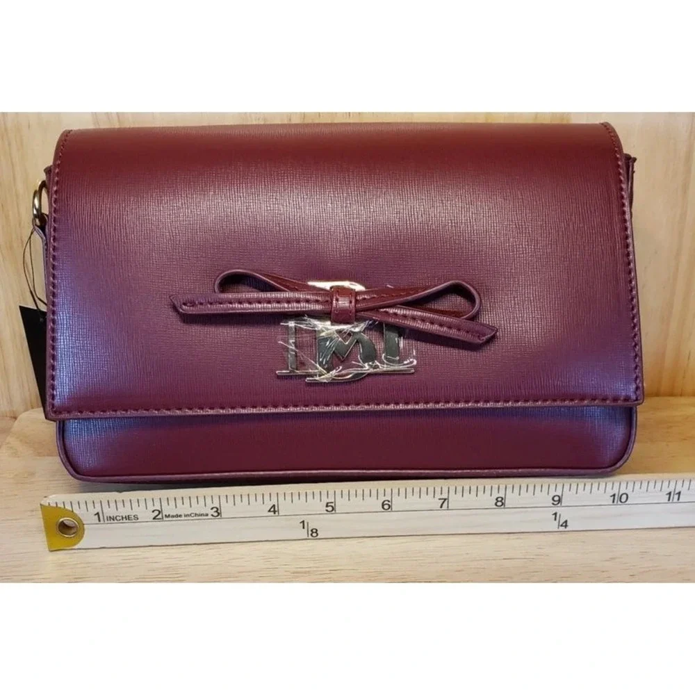 Badgley Mischka Burgundy Saffiano Faux Leather Bow Crossbody Flap Bag Gold Logo